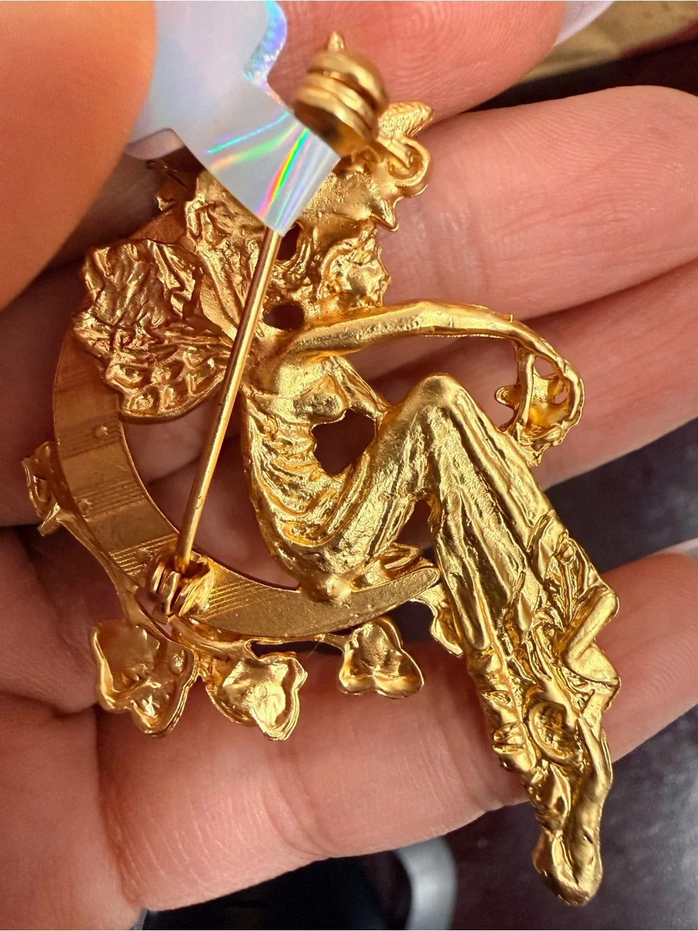 Gold Fairy and Crescent Moon Brooch with Crystal Accents